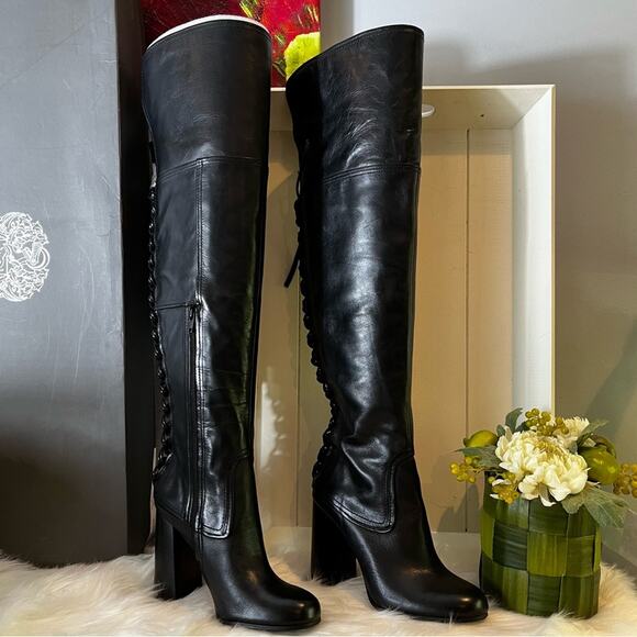 NEW Vince Camuto Corset Calf Leather Laced Tolla Over The Knee Boots Black Sz 6 - Picture 1 of 16